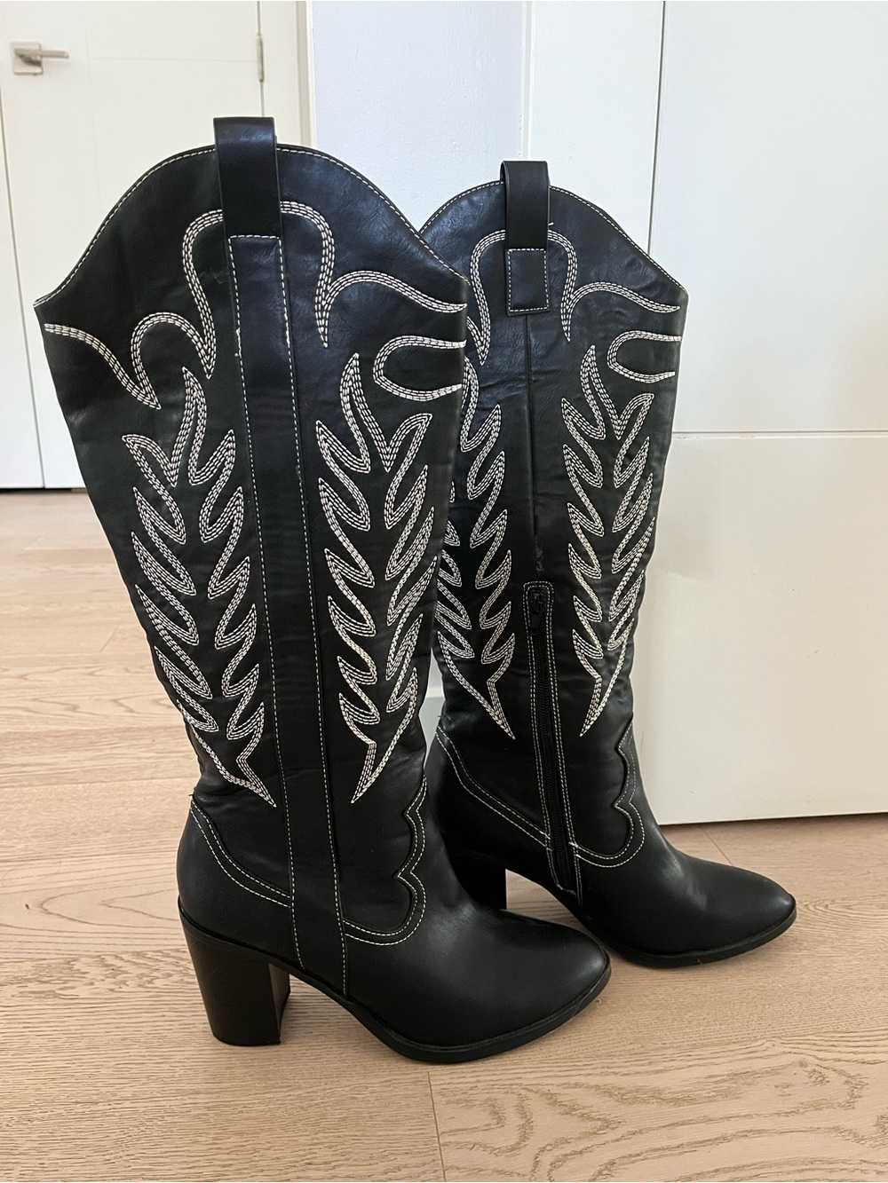 Black Women's Western Embroidered Knee-High Boots